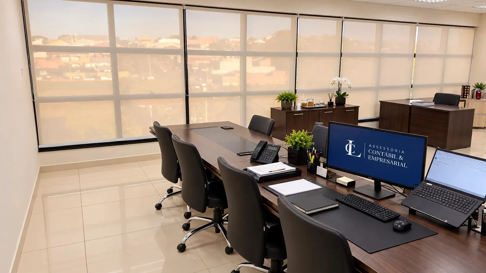 Mesa de reuniões com o logo da LC no monitor · LC Assessoria Contábil & Empresarial em Porto Feliz